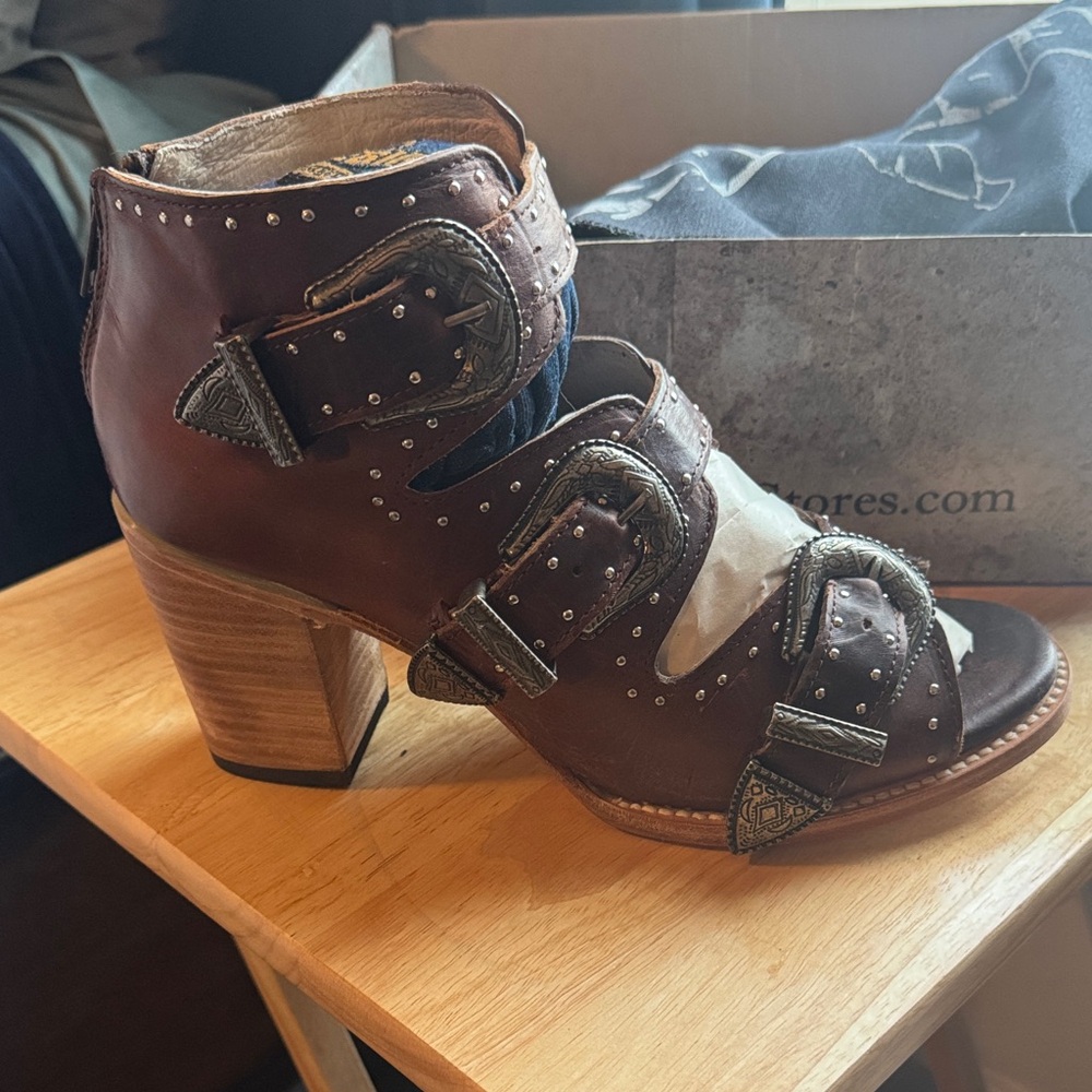 freebird Brown Studded Buckle Heeled Ankle Boots